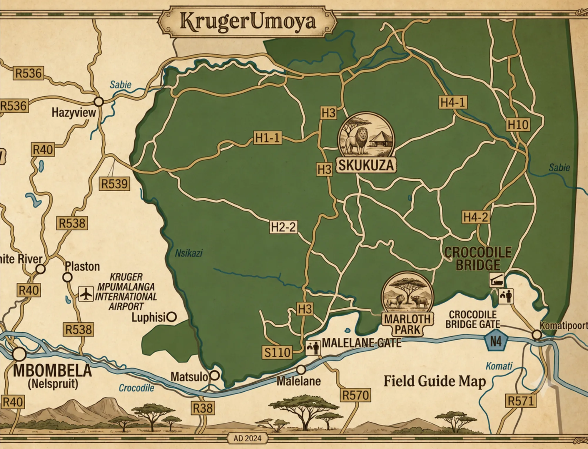 Field guide style map showing Marloth Park's position relative to Kruger National Park, Skukuza, KMIA and the Panorama Route